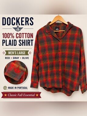 Dockers Red Gray Plaid Button Front Flannel Shirt Large 100% Cotton
